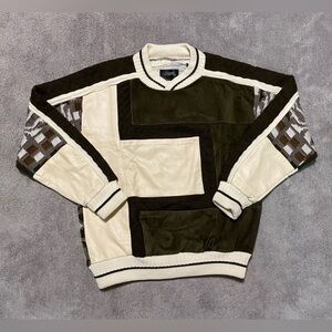 Vintage 90s Saxony Patchwork Leather Knit Sweater Mens Medium Coogi Style Biggie